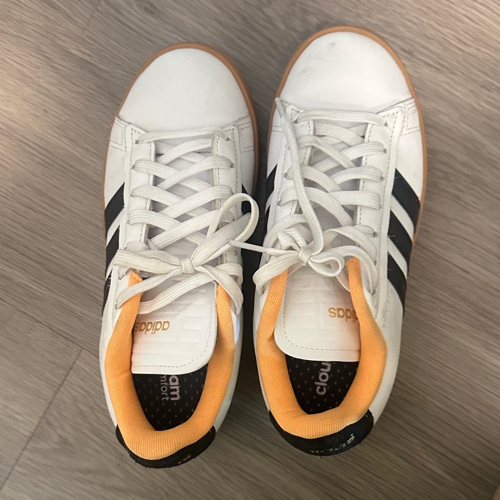 Adidas Men's White Sneakers with Black Stripes and Orange Trim